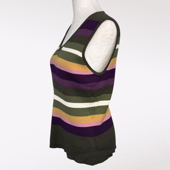 Y2K Striped Sweater Vest Purple Olive Gold Pink Ribbed Knit Retro 2000s Large - Picture 4 of 7